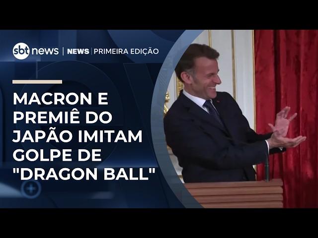 Premiê do Japão e Macron recriam gesto de "Dragon Ball" em encontro oficial | #NewsPrimeiraEdição