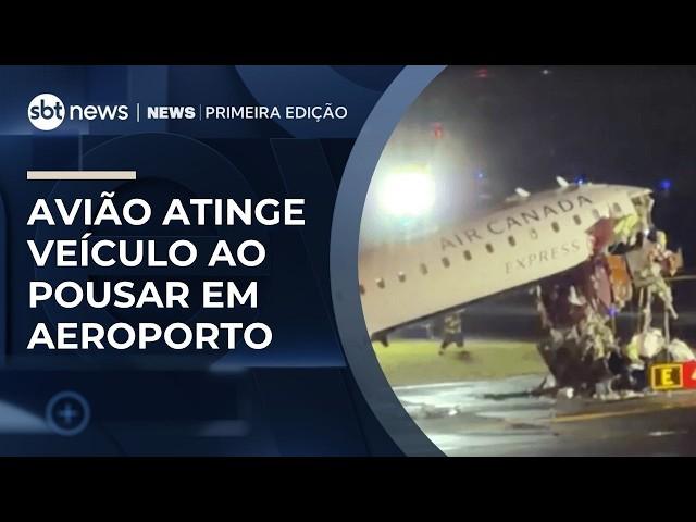 Colisão entre avião e caminhão em aeroporto de Nova York deixa 2 mortos | #NewsPrimeiraEdição
