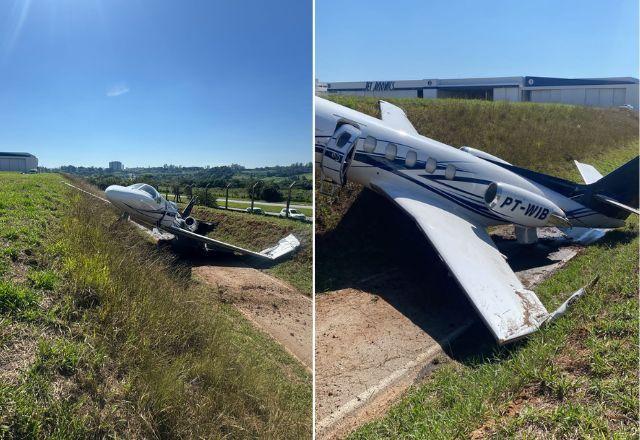 Vídeo: Jato sai da pista e colide contra barranco ao pousar em aeroporto de Jundiaí